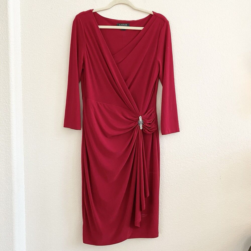 Lauren Ralph Lauren Red Midi Dress V-neck Long Sleeve Holiday Size 12